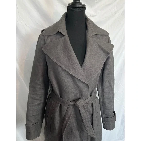 Emerson Fry Charcoal Gray‎ Linen Trench Coat Belted Long Sleeve Size 4 - Picture 4 of 8